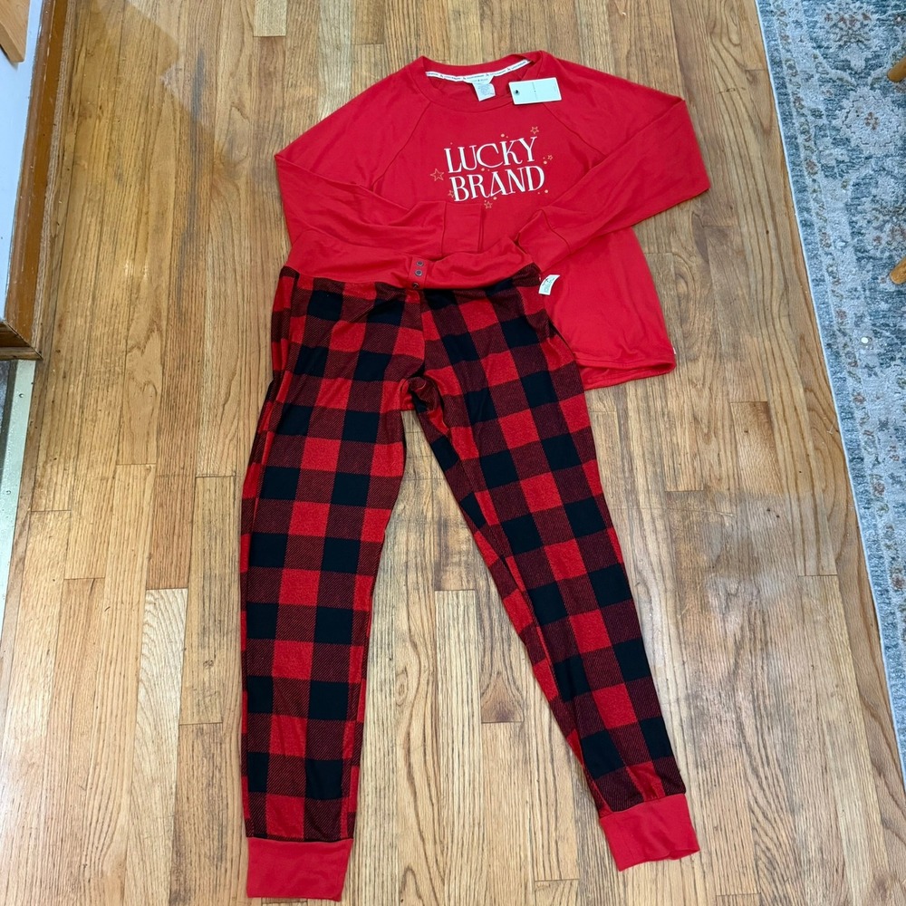 Lucky Brand Pajama Set Women M Red Buffalo Plaid Holiday Joggers NWT Christmas